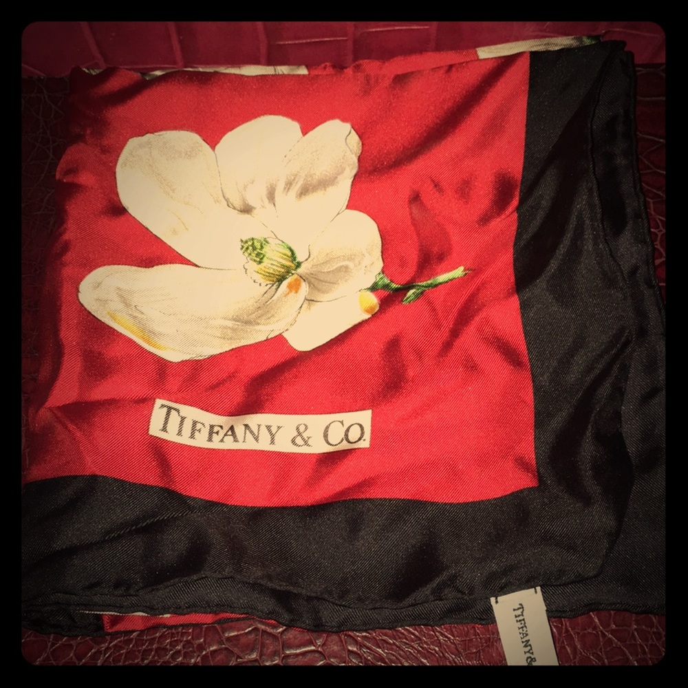Tiffany & Co silk scarf, red floral, black edge